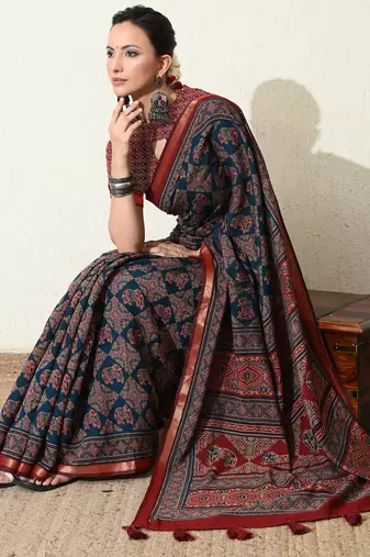 blue ajrakh printed viscose  saree with unstitched blouse piece