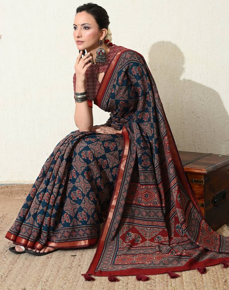 blue ajrakh printed viscose  saree with unstitched blouse piece