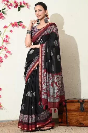 black peacock print woven border viscose  saree with unstitched blouse piece