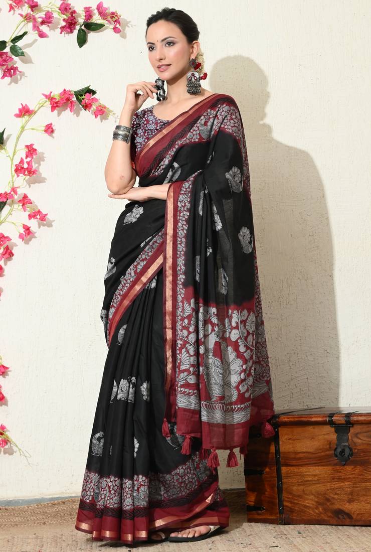 black peacock print woven border viscose  saree with unstitched blouse piece