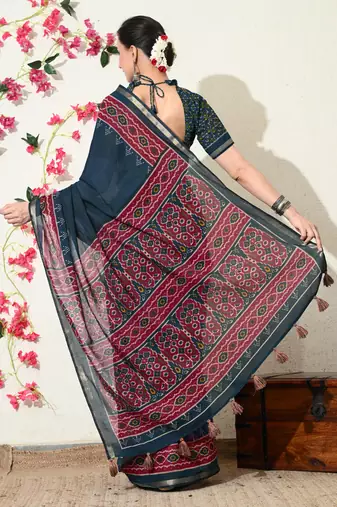 blue ikkat block print viscose  saree with unstitched blouse piece