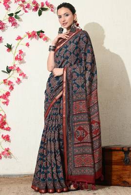 blue ajrakh printed viscose  saree with unstitched blouse piece 3