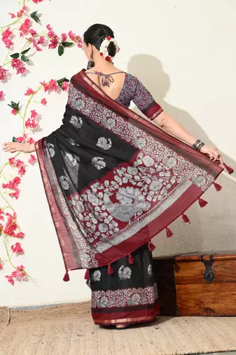black peacock print woven border viscose  saree with unstitched blouse piece
