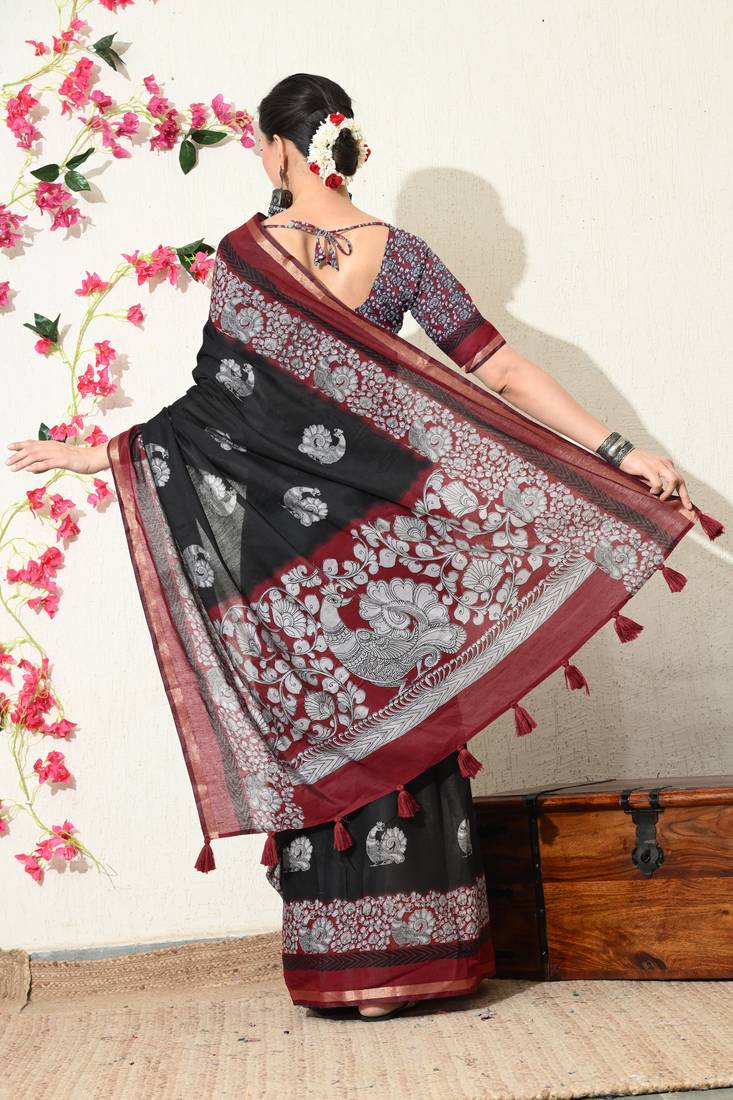 black peacock print woven border viscose  saree with unstitched blouse piece