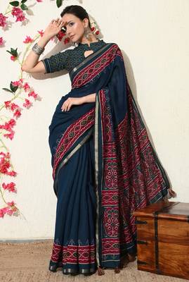 blue ikkat block print viscose  saree with unstitched blouse piece 5