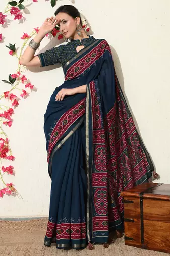 blue ikkat block print viscose  saree with unstitched blouse piece