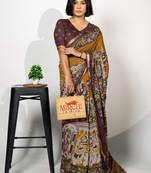 mustard orange madhubani,ethnic printed viscose  saree with unstitched blouse piece