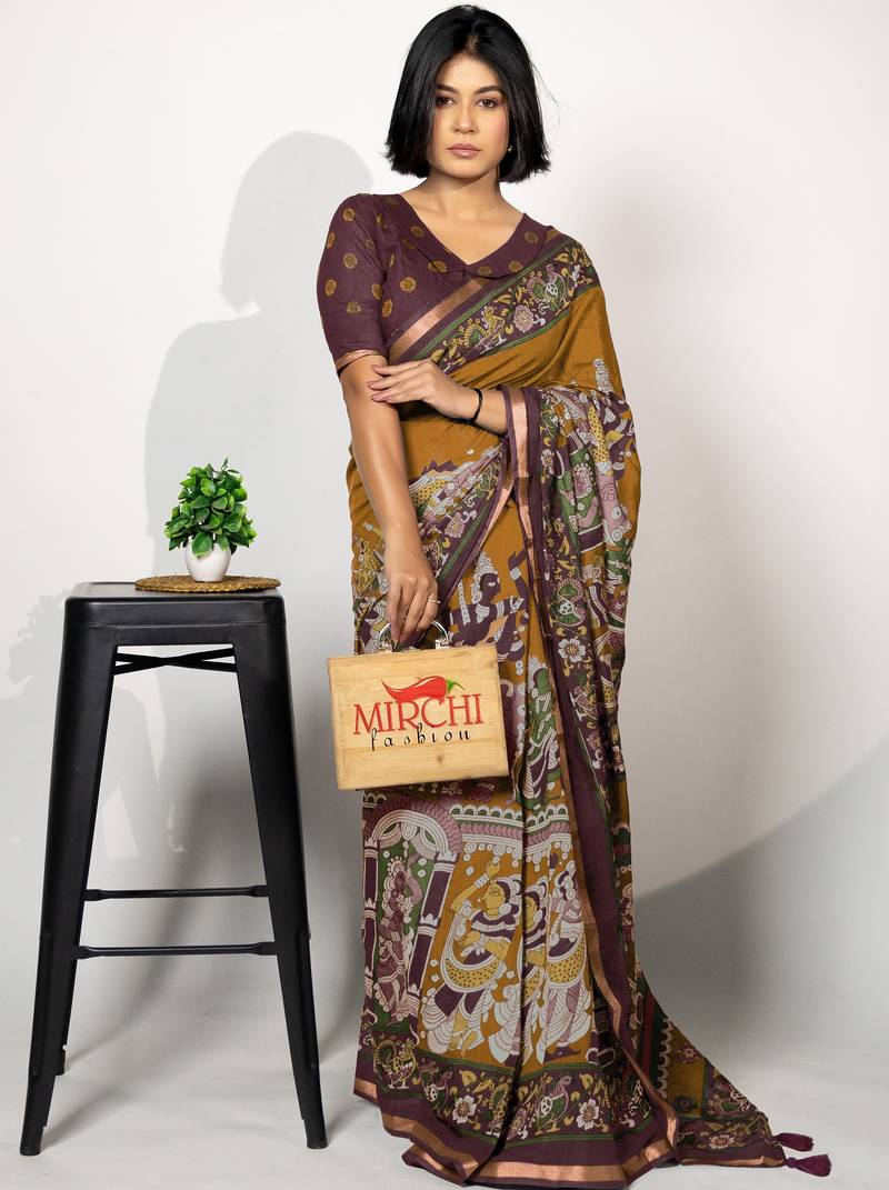 mustard orange madhubani,ethnic printed viscose  saree with unstitched blouse piece