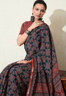 blue ajrakh printed viscose  saree with unstitched blouse piece 4