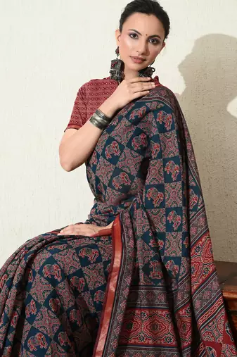blue ajrakh printed viscose  saree with unstitched blouse piece