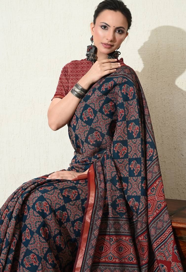 blue ajrakh printed viscose  saree with unstitched blouse piece