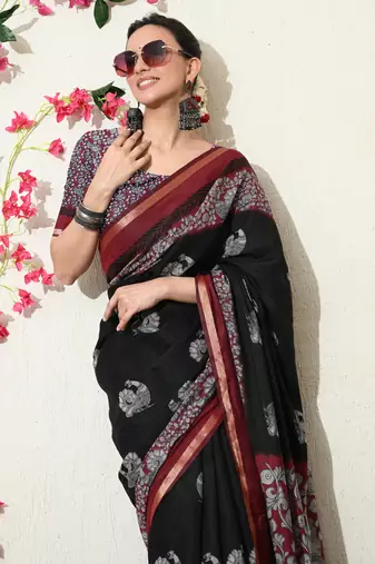 black peacock print woven border viscose  saree with unstitched blouse piece