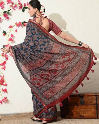 blue ajrakh printed viscose  saree with unstitched blouse piece 5