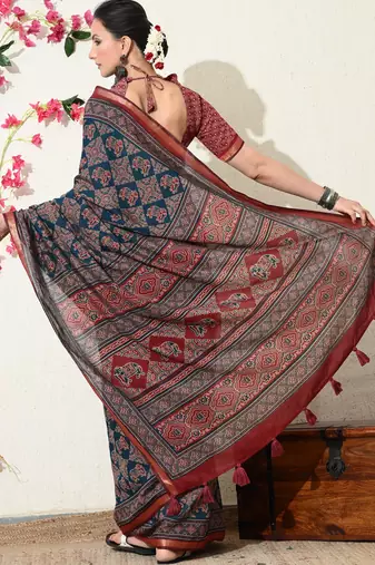 blue ajrakh printed viscose  saree with unstitched blouse piece