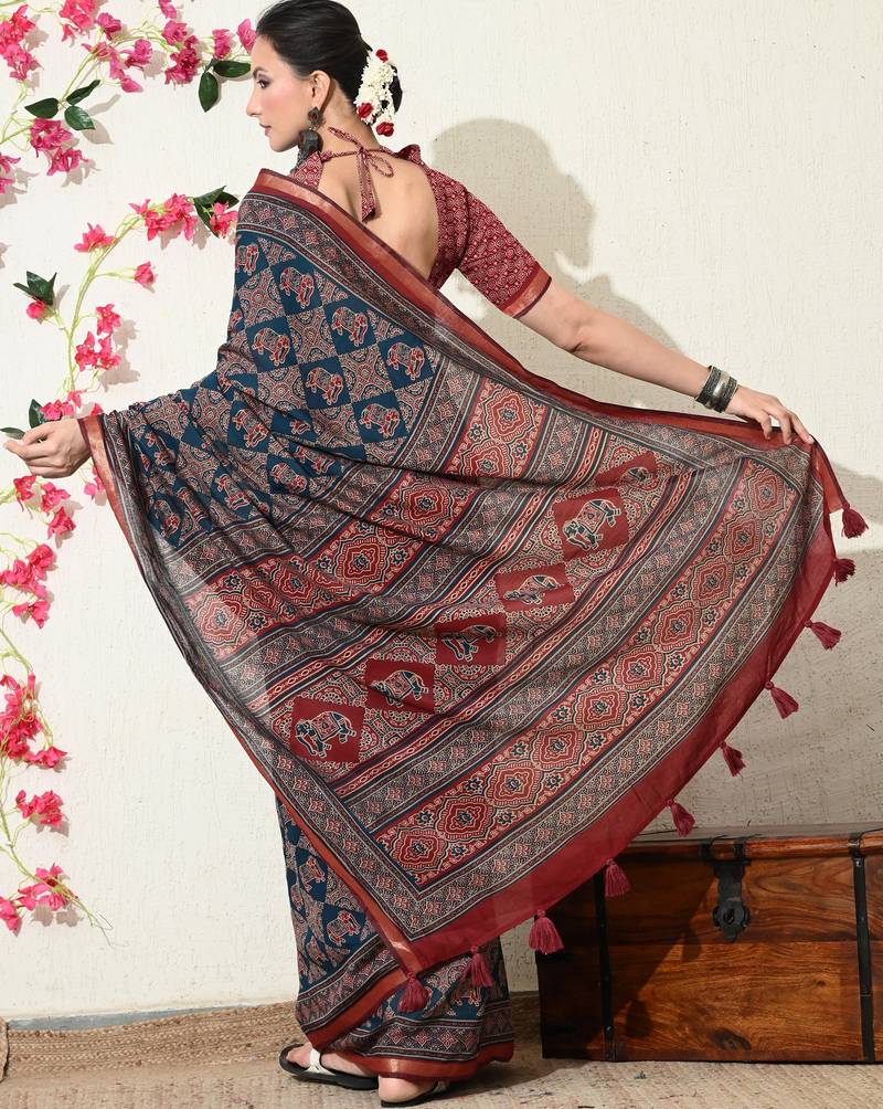 blue ajrakh printed viscose  saree with unstitched blouse piece