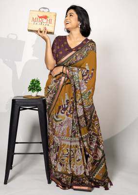 mustard orange madhubani,ethnic printed viscose  saree with unstitched blouse piece 2