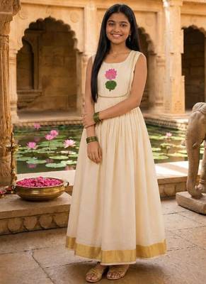 Kasavu a line gown with lotus applique work 1