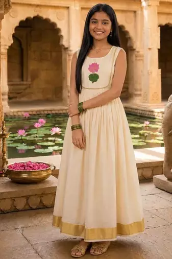 Kasavu a line gown with lotus applique work