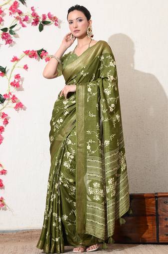 green floral printed cotton silk saree with unstitched blouse piece