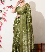 green floral printed cotton silk saree with unstitched blouse piece