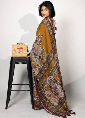 mustard orange madhubani,ethnic printed viscose  saree with unstitched blouse piece 3
