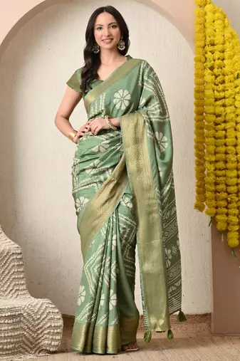 green floral printed cotton silk saree with unstitched blouse piece