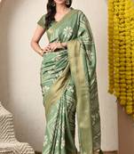 green floral printed cotton silk saree with unstitched blouse piece