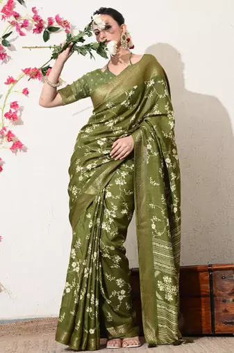 green floral printed cotton silk saree with unstitched blouse piece