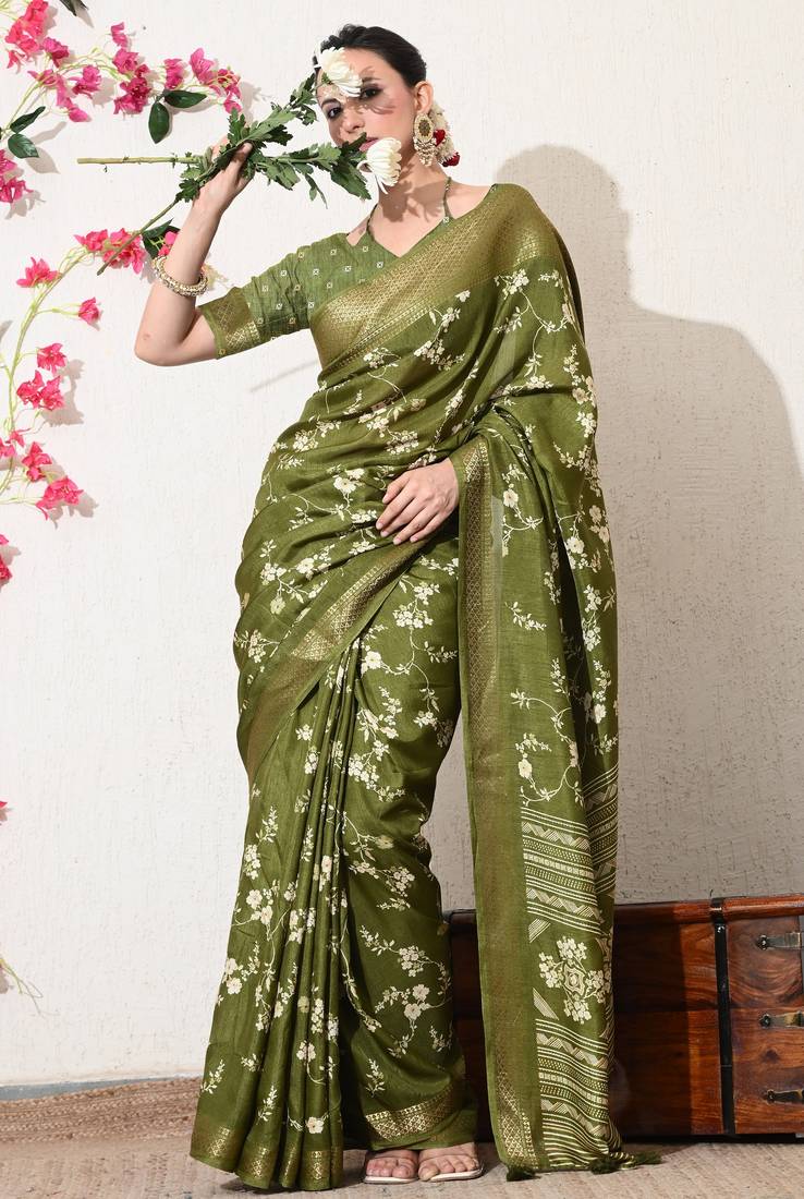 green floral printed cotton silk saree with unstitched blouse piece