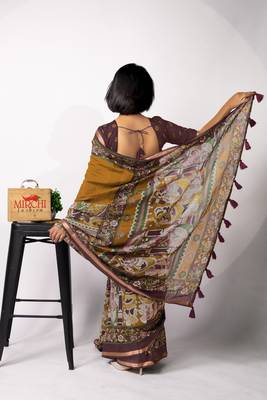 mustard orange madhubani,ethnic printed viscose  saree with unstitched blouse piece 4