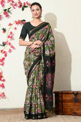 green floral printed viscose  saree with unstitched blouse piece 1