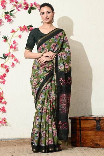 green floral printed viscose  saree with unstitched blouse piece