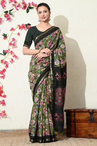 green floral printed viscose  saree with unstitched blouse piece