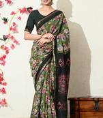 green floral printed viscose  saree with unstitched blouse piece
