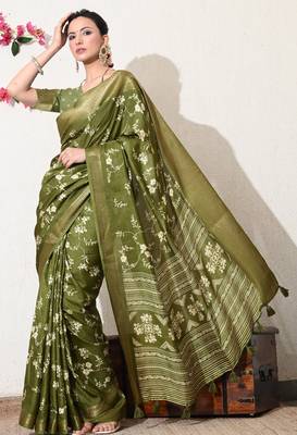 green floral printed cotton silk saree with unstitched blouse piece 3