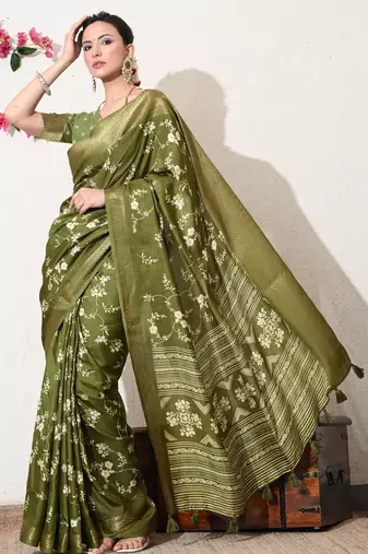 green floral printed cotton silk saree with unstitched blouse piece