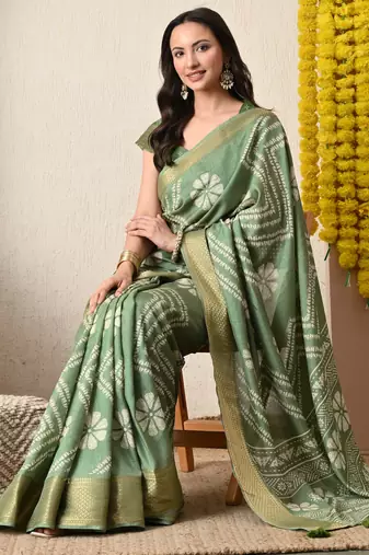 green floral printed cotton silk saree with unstitched blouse piece