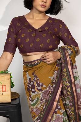 mustard orange madhubani,ethnic printed viscose  saree with unstitched blouse piece 5