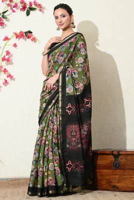 green floral printed viscose  saree with unstitched blouse piece 2