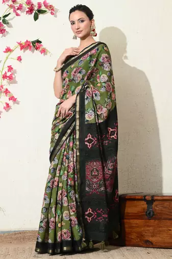 green floral printed viscose  saree with unstitched blouse piece
