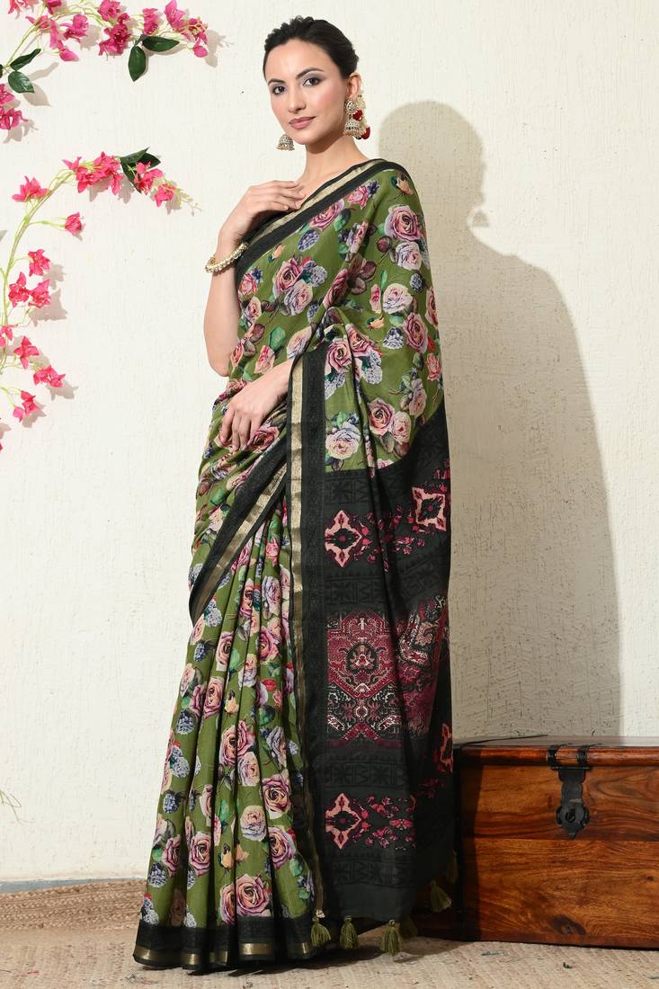 green floral printed viscose  saree with unstitched blouse piece