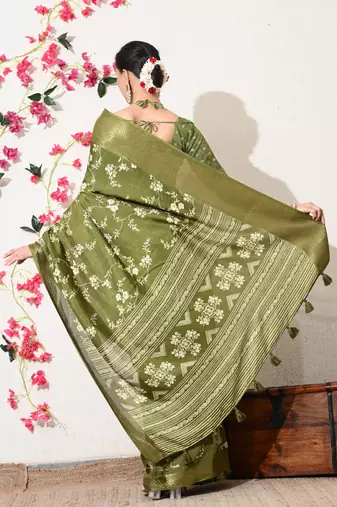 green floral printed cotton silk saree with unstitched blouse piece