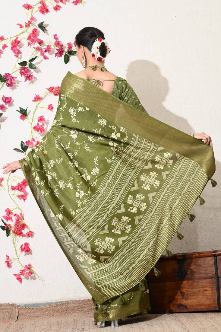 green floral printed cotton silk saree with unstitched blouse piece