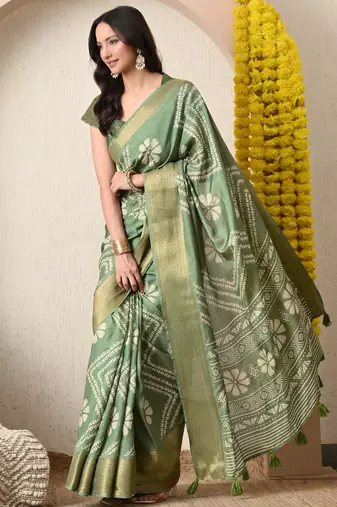 green floral printed cotton silk saree with unstitched blouse piece