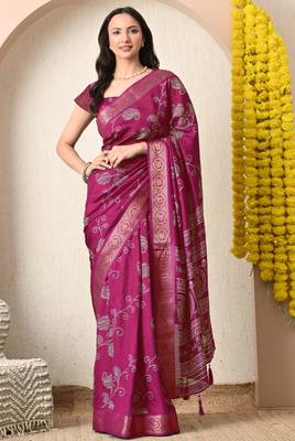 pink paisley print cotton silk saree with unstitched blouse piece 1