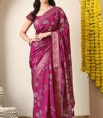 pink paisley print cotton silk saree with unstitched blouse piece
