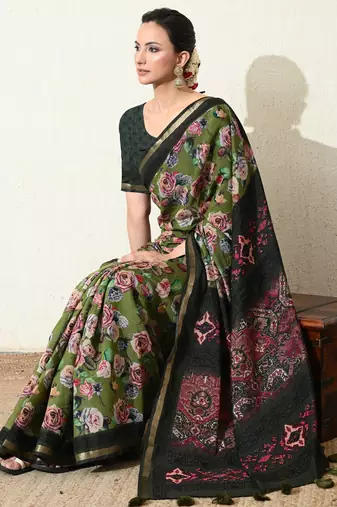 green floral printed viscose  saree with unstitched blouse piece