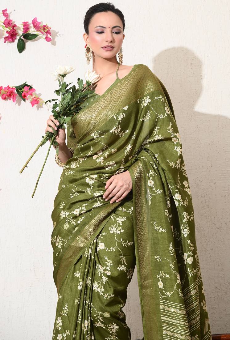 green floral printed cotton silk saree with unstitched blouse piece