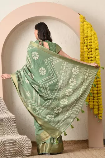 green floral printed cotton silk saree with unstitched blouse piece