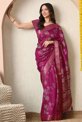pink paisley print cotton silk saree with unstitched blouse piece 2